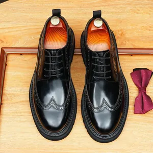 Classic black polished leather men's brogue shoes with thick sole and round toe