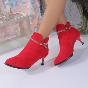 Elegant red suede pointed toe ankle boots with kitten heels and crystal strap