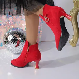 Elegant red suede pointed toe ankle boots with heart buckle and kitten heel for women.