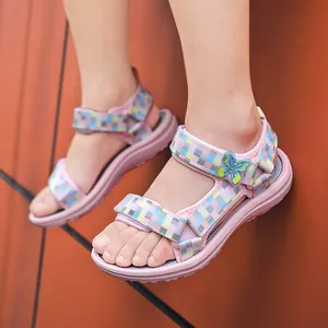Breathable pink girls' summer sandals featuring checkered straps and butterfly detail