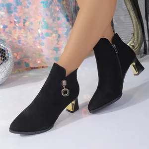 Botines de Mujer con Punta Estrecha Colgante de Strass Tacón de Aguja Cremallera Lateral Gamuza Moda Fiesta Invierno Forrados