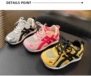 Vibrant breathable mesh children's sneakers in silver, pink and yellow stylish colors.