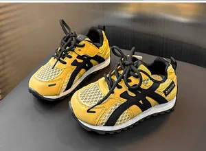 Children's yellow mesh breathable sneakers with stylish black contrast