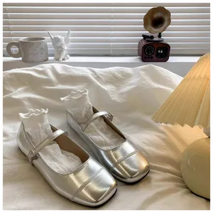 Elegant silver metallic Mary Jane flats for girls with dainty buckle strap detail