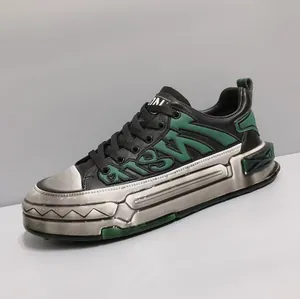 Ανδρικά Sneaker Πλατφόρμα από Δέρμα Βοδιού Πρώτου Στρώματος 2025 Καλοκαιρινή Μόδα Χρωματική Αντίθεση Παπούτσια Skate Χαμηλά Μεταλλική Υφή Υφή με Στάλαγμα Κόλλας Αθλητικά Παπούτσια