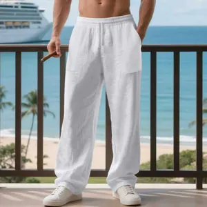 Pantaloni casual da uomo in lino bianco con coulisse e vestibilità ampia e comoda
