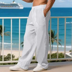 Pantaloni di lino bianchi vestibilità comoda per uomo, ideali per mare e vacanze