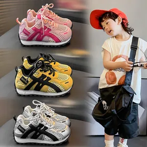 Autumn breathable mesh chunky sneakers for kids in pink yellow and silver colors