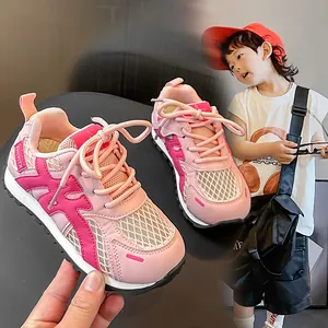 Fashionable pink breathable mesh sneakers for girls, lightweight running shoes for kids.