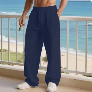 Pantaloni casual in lino blu navy da uomo con coulisse e vestibilità ampia e dritta