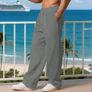 Dettaglio dei pantaloni casual in lino grigio da uomo con coulisse e gamba larga