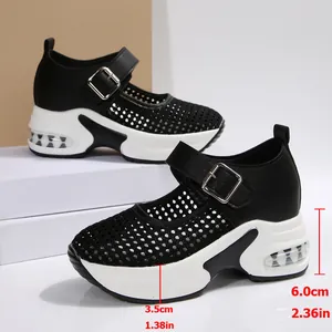 Detailed view of breathable black mesh platform sneakers showing 6.0cm heel height measurement