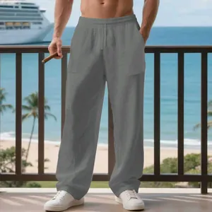 Dettaglio dei pantaloni casual da uomo in lino grigio con coulisse in vita.