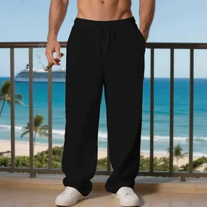 Pantaloni casual in lino nero da uomo con comoda coulisse e vestibilità ampia