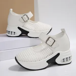 Breathable white mesh platform sandals with wedge sole and buckle strap detail