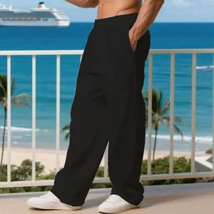 Pantaloni casual da uomo in lino nero con gamba larga e dritta per le vacanze