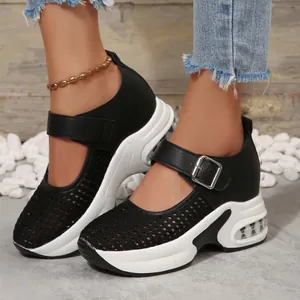 Breathable black mesh platform Mary Jane sneakers with thick white soles for women
