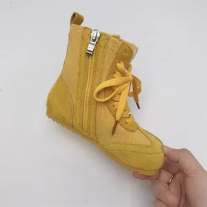 Gelbe Canvas-Halbstiefel für Kinder mit Reißverschluss und Schnürsenkeln, modisch
