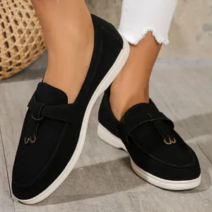 Stylish and comfortable black suede flat loafers for women with soft sole and strap