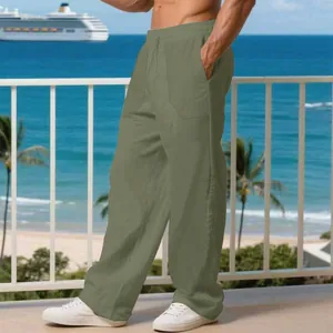 Pantaloni casual da uomo in lino larghi verde salvia per uno stile da spiaggia