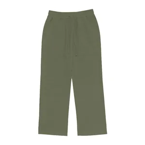 Pantaloni casual da uomo in lino verde oliva a gamba larga con coulisse in vita