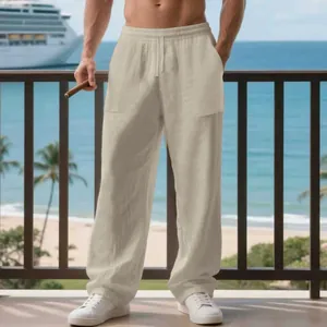 Pantaloni casual in lino da uomo con coulisse e grandi tasche laterali colore beige