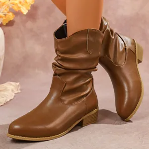 Botas de Mujer Retro Western Cowboy Media Caña Fruncidas Boca en V Tacón Grueso Punta Estrecha Moda Cuero PU Gamuza