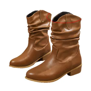 Botas western marrones para mujer con caña arrugada, tacón bloque y punta afilada