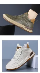 Nahaufnahme hochwertiger High-Top-Sneaker aus Rindsleder in Olivgrün und Weiß