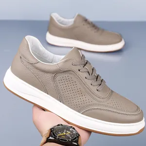 Men's Top Grain Cowhide Leather Sandals Casual Hollow-out Breathable Lace-up Platform Beach Shoes Summer Non-slip Fashion Sneakers