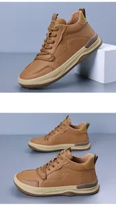 Detailansichten brauner High-Top-Lederschuhe für Herren mit weichem Rindsleder-Finish.