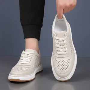 Men Top Grain Cowhide Leather Casual Shoes Summer Hollow Out Breathable Sandals Fashion Lace-up White Shoes Non-slip Sole