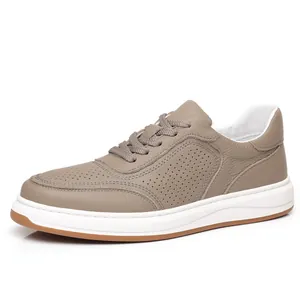 Premium taupe leather men's casual sneakers with breathable perforated side design