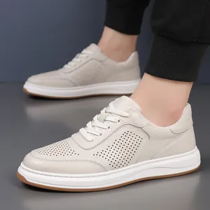 Men's breathable perforated top layer cowhide leather casual sneakers in off-white beige