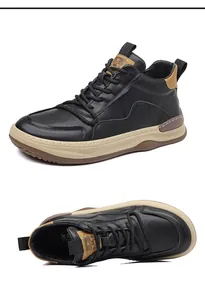 Detailansicht schwarzer Retro-Leder-High-Top-Schuhe mit Innen- und Außenprofil