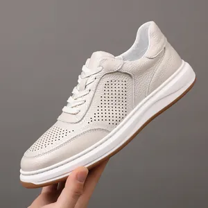 Premium breathable white genuine leather men's casual sneakers with perforated detail