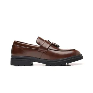 Men's brown leather tassel loafers with thick sole business casual slip-on shoes