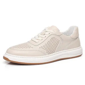 Men's breathable beige genuine leather casual sneakers with stylish perforated design
