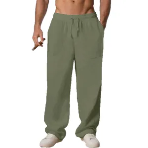 Pantaloni casual larghi in lino da uomo con coulisse e gamba dritta in verde oliva