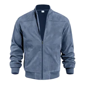 Veste en daim pour homme bleu poussiéreux avec fermeture éclair et bords-côtes