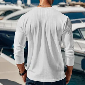Back view detail showing the premium texture of a white men's ribbed corduroy long sleeve shirt.