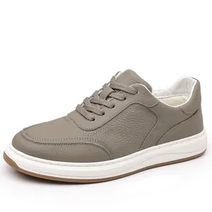 Chaussures d'hiver décontractées en cuir véritable gris pour hommes avec doublure polaire