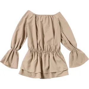 Close-up detail of flared sleeves and elasticated waist on a khaki off-shoulder garment