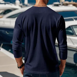 Back view of men's navy blue ribbed corduroy long-sleeve shirt with a classic crew neck