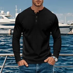 Men's black ribbed long sleeve Henley shirt with button placket for casual outdoor wear.