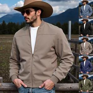 Veste en Faux Daim pour Hommes Style Cowboy Western Top Décontracté Col Montant Fermeture Éclair Outwear Couleur Unie Polyester Spandex