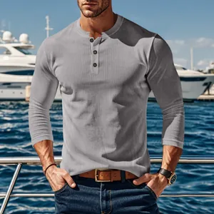 Men's Casual Corduroy Sweatshirt Henley Neck Long Sleeve Solid Color Pullover Polyester Top For Autumn Winter Fashion