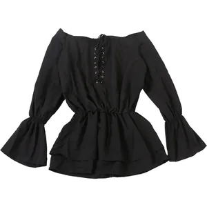 Close-up detail of black off-the-shoulder dress with bell sleeves and lace-up front