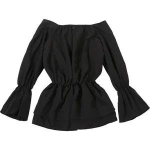 Elegant black off-the-shoulder dress featuring stylish bell sleeves and a ruffled hem detail