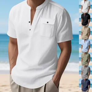 Camiseta Henley de lino informal para hombre con cuello alto, varios colores estilo playero